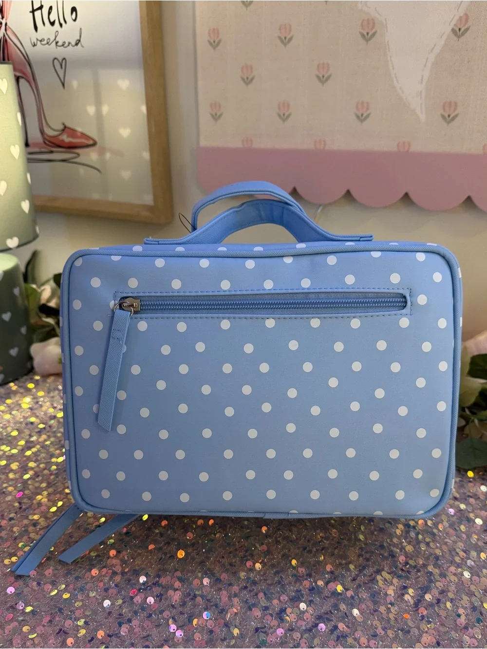 NWT Tender Love + Carry Toiletry Weekender Bag in Sky Blue with White Polka Dots